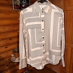 H&M - Black & White Line Pattern, Dress Shirt - Size XS